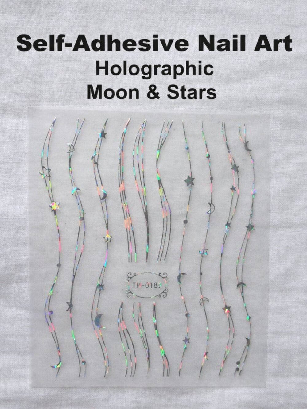 Holographic Moon Stars Curvy Lines 3D Nail Art Sticker Self‑Adhesive Aurora Silv